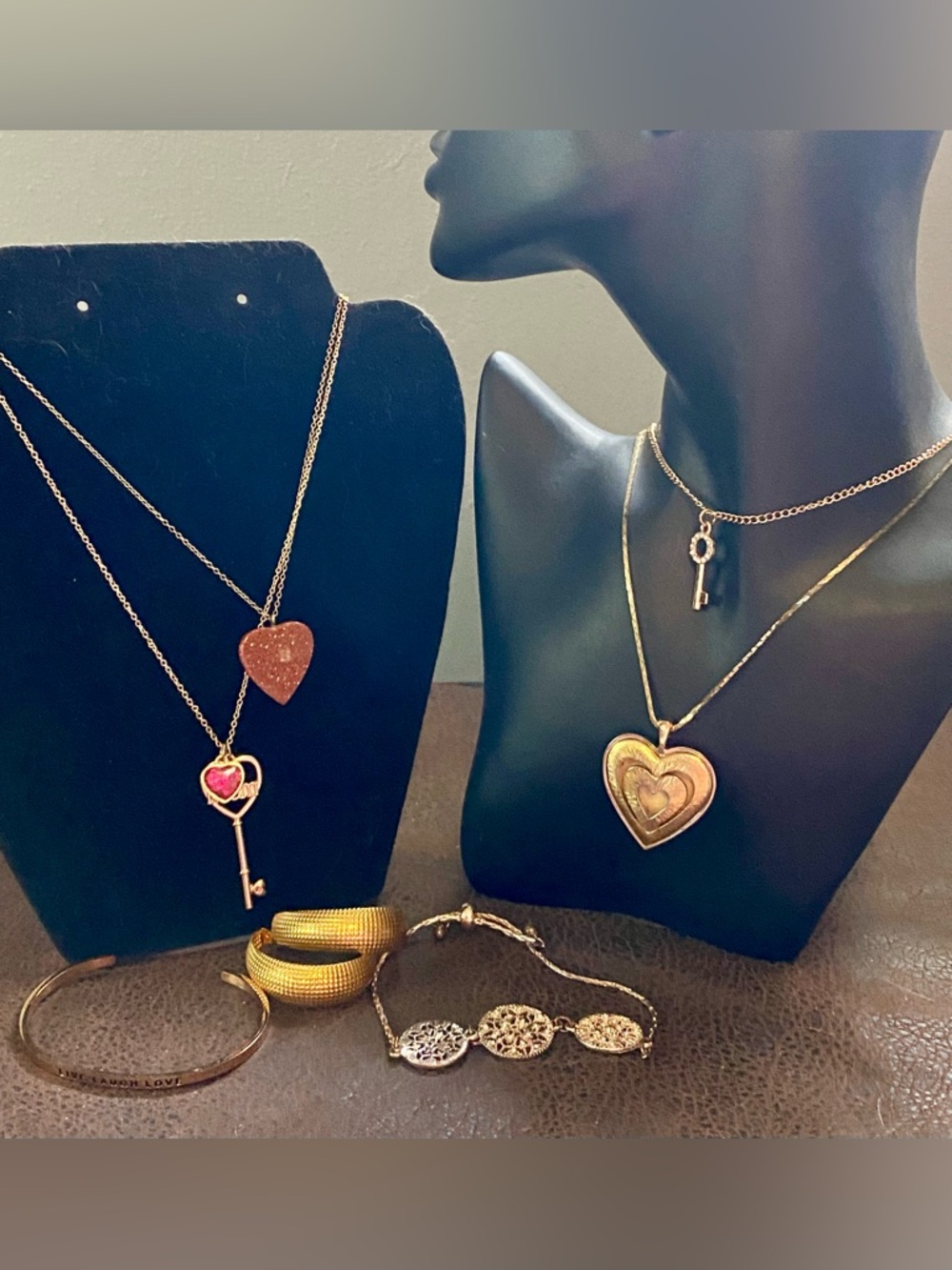 4 Gold tone pendant (MOM, ❤️, key, ❤️locket) necklaces. Bracelets & Earrings